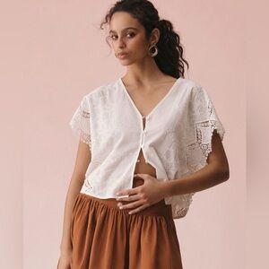 NEW by anthropologie short-sleeve embroidered lace swing top XXS